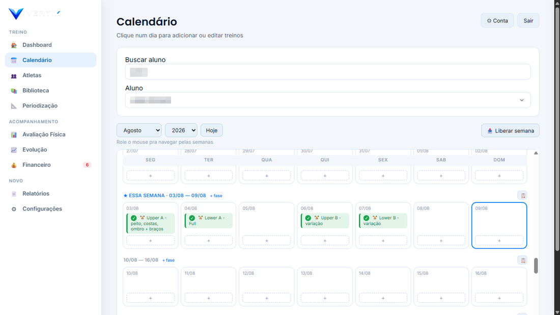 Calendário de treino no Vertix