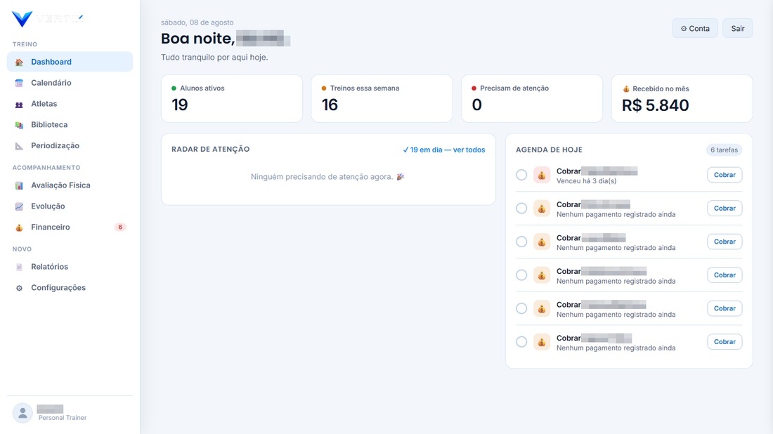 Painel do personal no Vertix